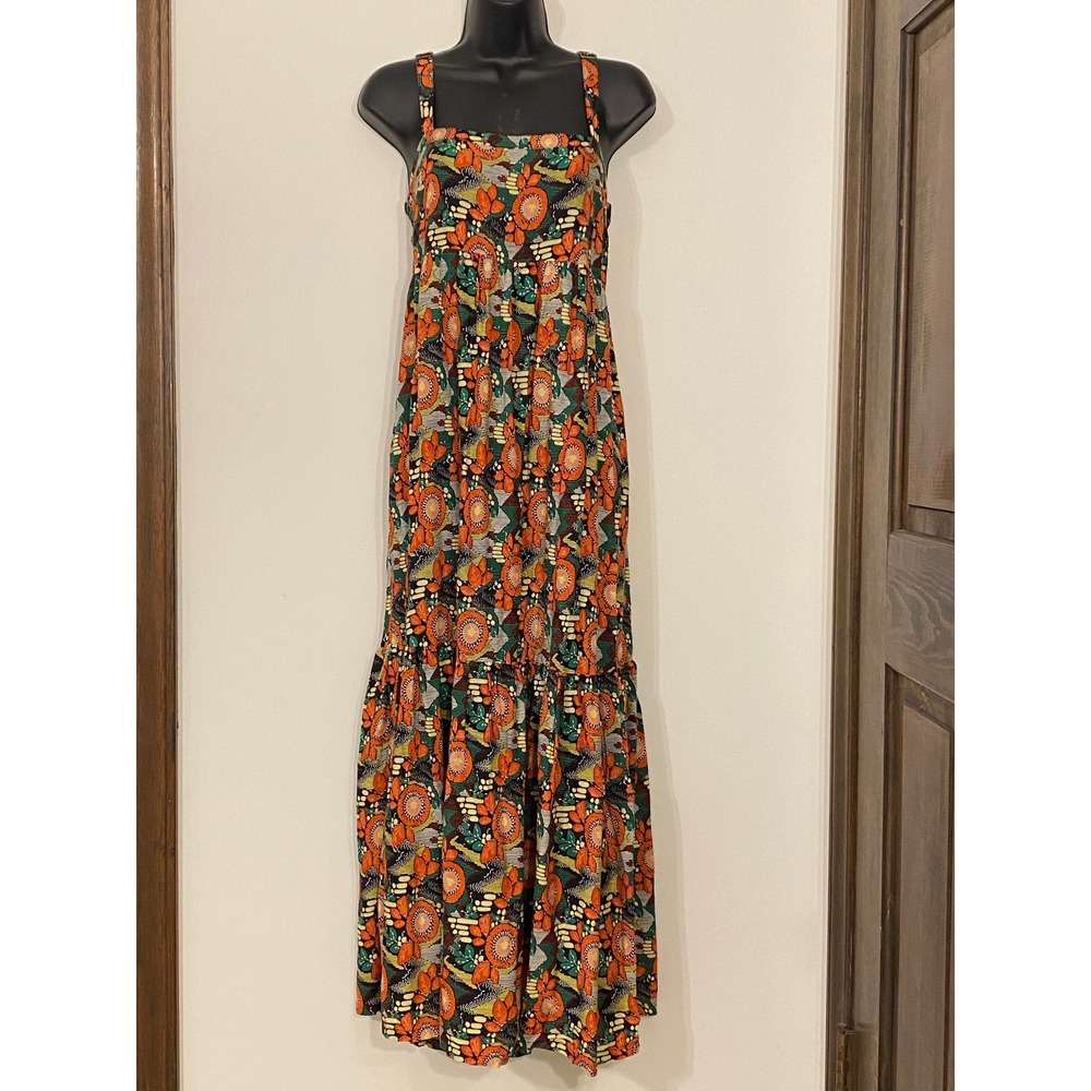 Natural Life Womens Tiered Maxi Dress Small Orange Green Elizabeth Floral NWT